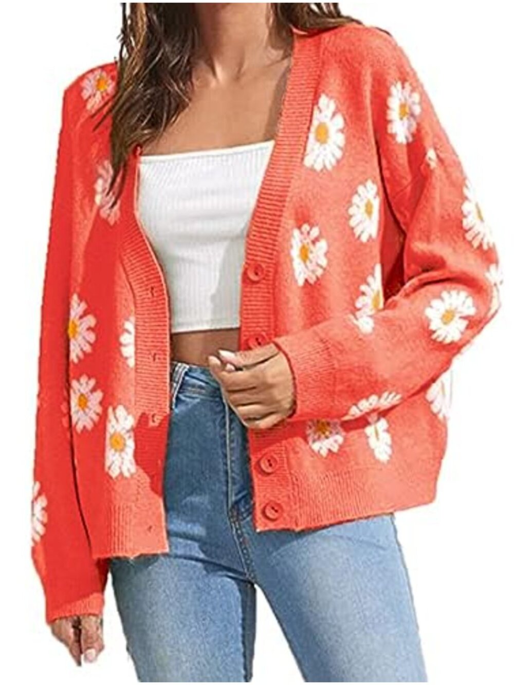 Women's Long Sleeve Cardigan, Knit V-Neck Button Open Front, Soft Acrylic